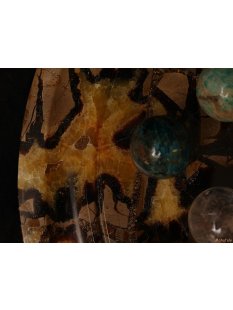 Solitairespiel aus Madagaskar Solit&auml;r mit Edelsteinkugeln 35 mm auf edlem Septarien Brett