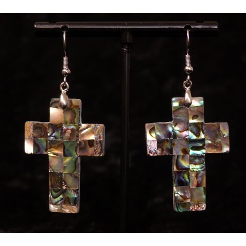 1 Paar Ohrh&auml;nger Perlmutt echte Abalone Kreuz 4 cm = Code B