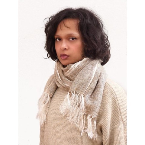 Seidenschal 14 handgewebt aus Zuchtseide Landikely 170 x 45 cm cremewei&szlig; + braun