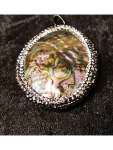 Perlmutt Anh&auml;nger echt Abalone  oval gew&ouml;lbt mit Strassteinen und Metallfassung oval 55 x 40 mm Code G
