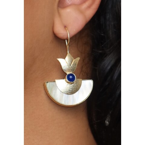 1 Paar Designer Ohrh&auml;nger 50 mm Blauquarz auf Messing vergoldet Lailah No.10