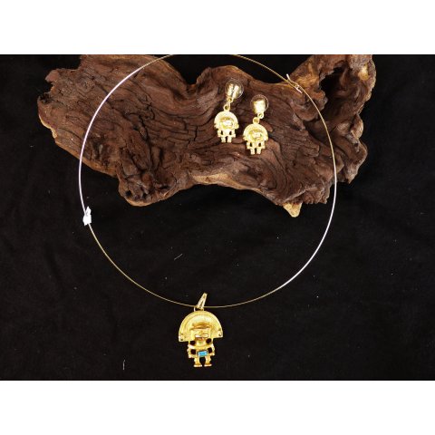 No. 26 Set Kette und Ohrstecker Anh&auml;nger kosmologische Figur Goldmuseum Bogota L: 40 cm